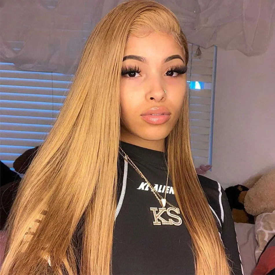 13x6 27# Honey Blonde Colored Human Hair Frontal Wigs Straight 180% 13x6 HD Transparent Lace Front Human Hair Wigs For Women