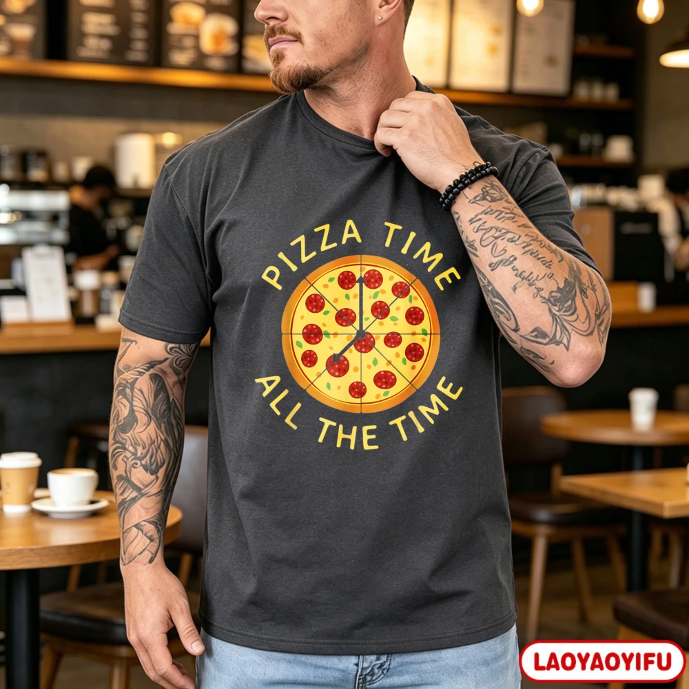 Camiseta de algodón unisex con estampado gráfico de reloj de pizza de pepperoni, estilo casual de verano, suave, a la moda, para amantes de la comida, de Pizza Time All The Time