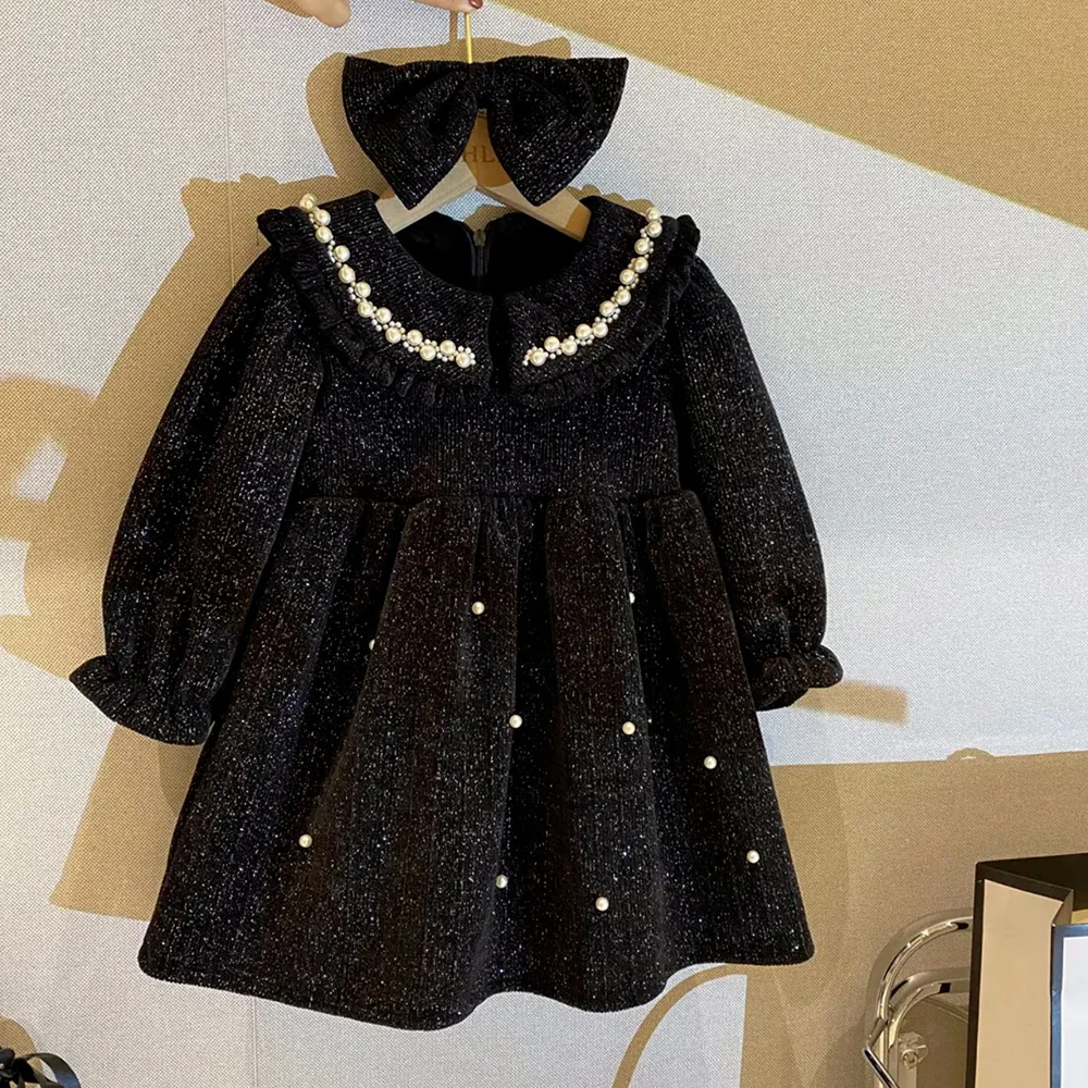 Girls Red Fleece Dress 2024 Autumn Winter Long Sleeve Peter Pan Collar Pearl Beading Princess Dresses Merry Christmas Kids Dress