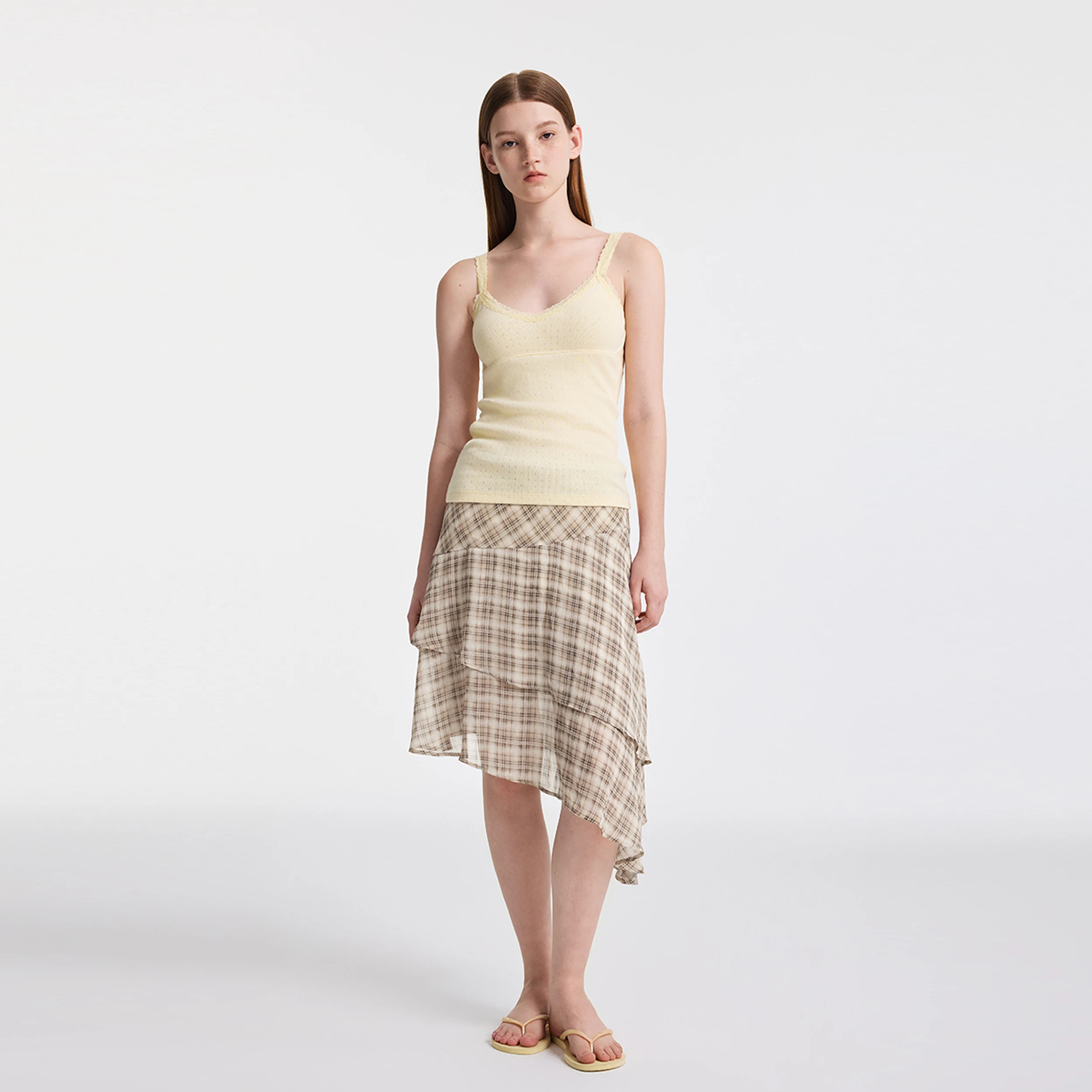 YESCCI Plaid Midi Skirt Autumn New Elegant Lightweight Vintage Irregular Double‑Layer Ruffle Hem A‑Line Women's Skirt S56345138