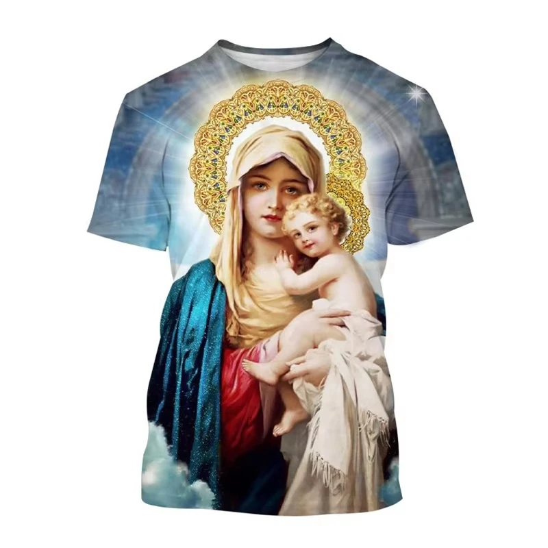 Virgin Mary 3D Print T-Shirts Christianity Mother Of God Women Casual Short Sleeve Round Neck T Shirt Tees Tops Female Clothing