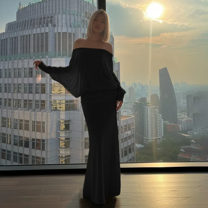 Robe longue moulante pour femmes, élégante, Maxi, Sexy, col Slash, épaules dénudées, manches longues, drapée, Patchwork, fête, automne 2025