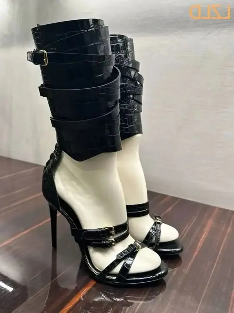 

2025 Black Sexy Catwalk Women Sandals New Open Toe Cross Belt Buckle Stilettos Street Fashion Party Stage Long Sandals