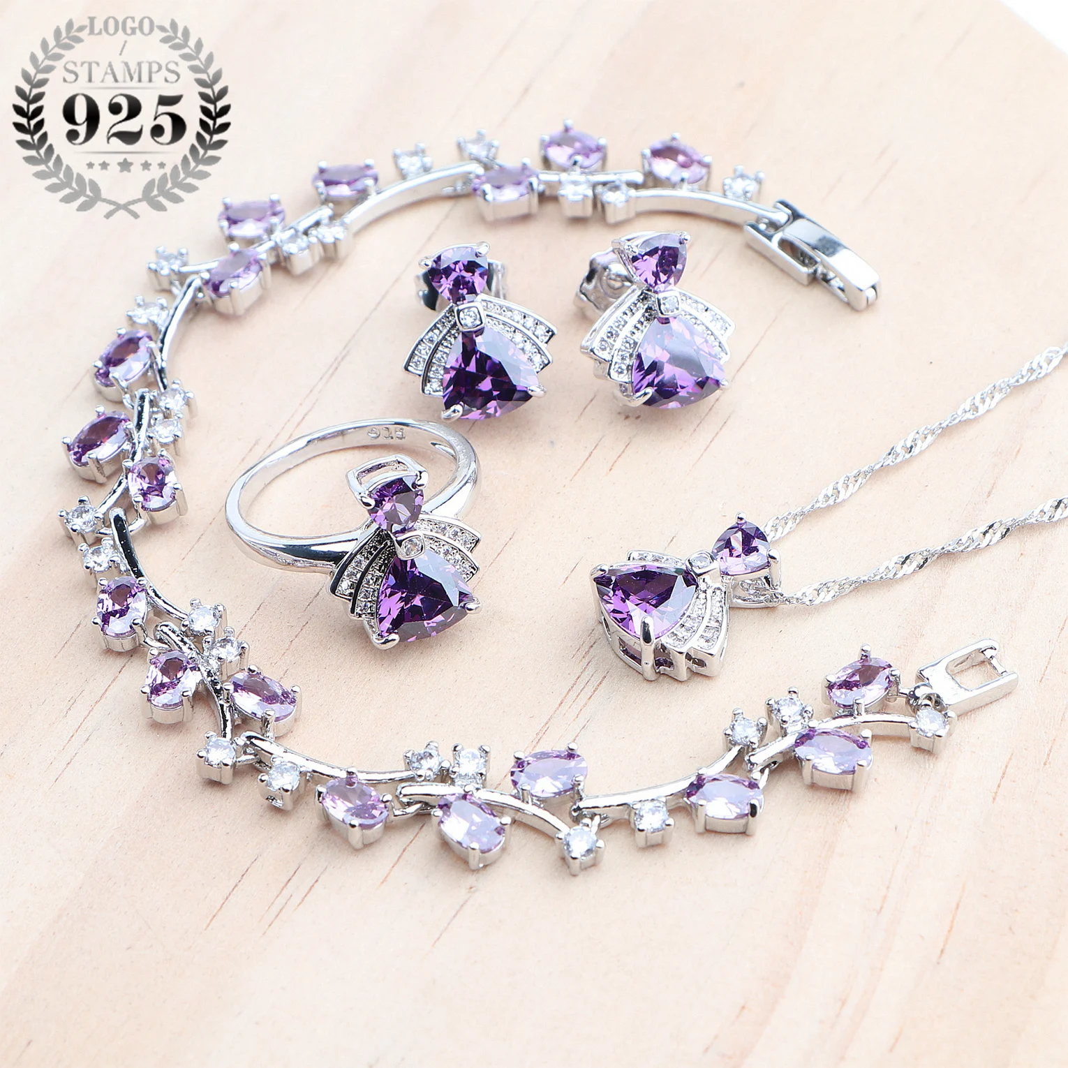 925 Sterling Silver Jewelry Sets Bridal Purple Zircon Earrings Ring Bracelets Pendant Wedding Necklace Set For Women