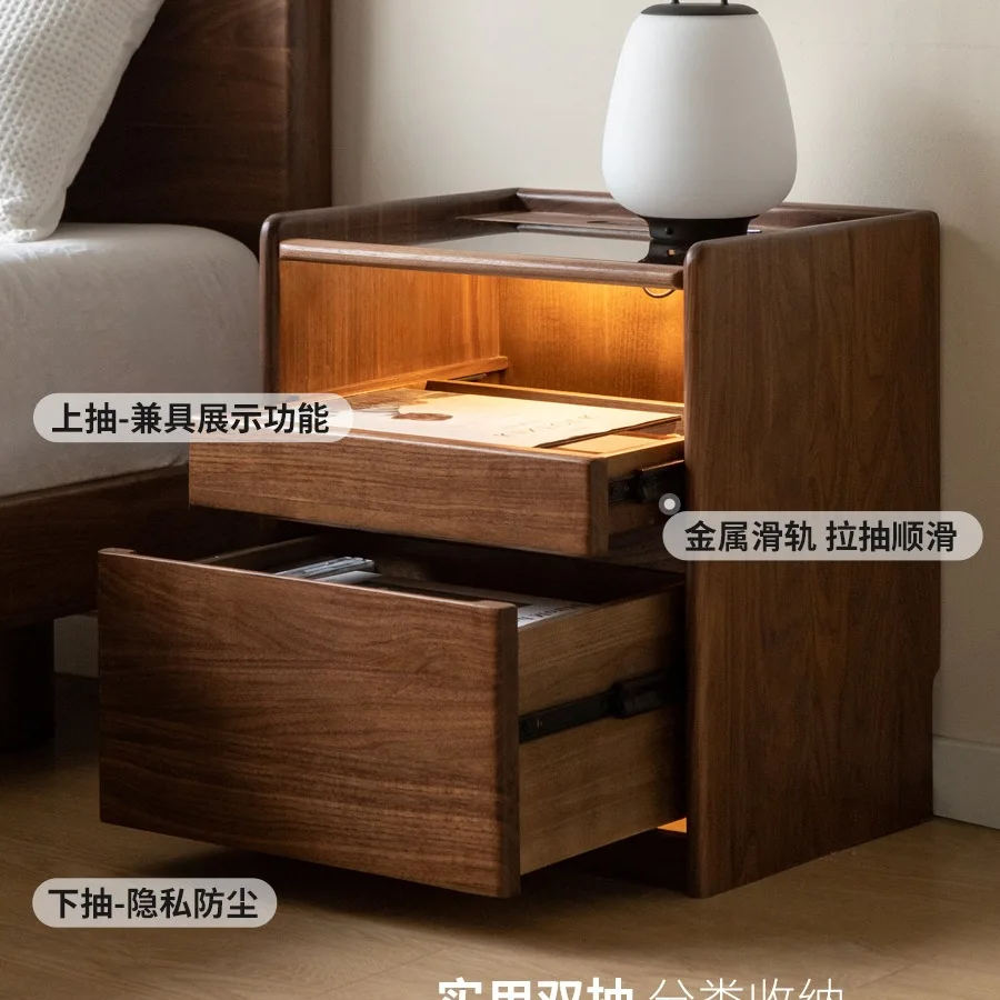 طاولة بجانب السرير من الخشب الصلب، طراز فاخر خفيف مع مقبس، خزانة صغيرة بجانب السرير، خزانة بأدراج منزلية من خشب الجوز الأسود #5