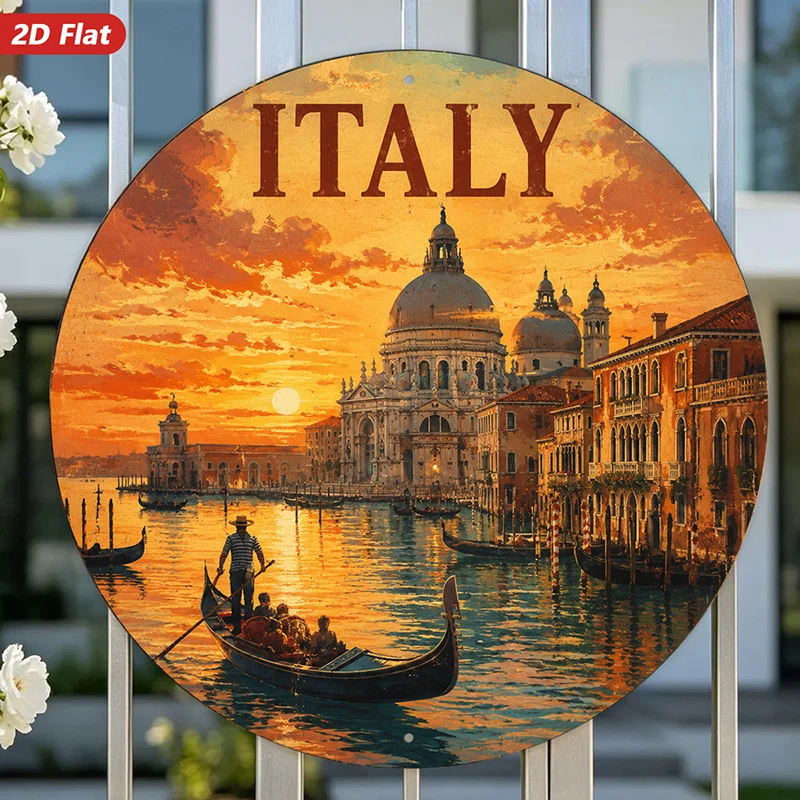 2D Flat, 1pc Italy Sunset Venice Round Metal Sign Wall Art, Italy Lettering, Ideal for Dining Room Study, Grand Canal Gondola, S