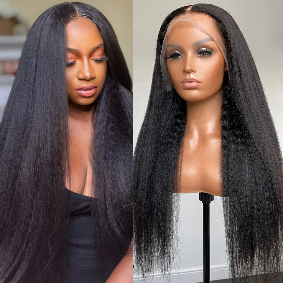 Natural Black Soft 28 inch 200% Density Long Yaki Kinky Straight Lace Front Wig For Women With Baby Hair Preplucked Glueless