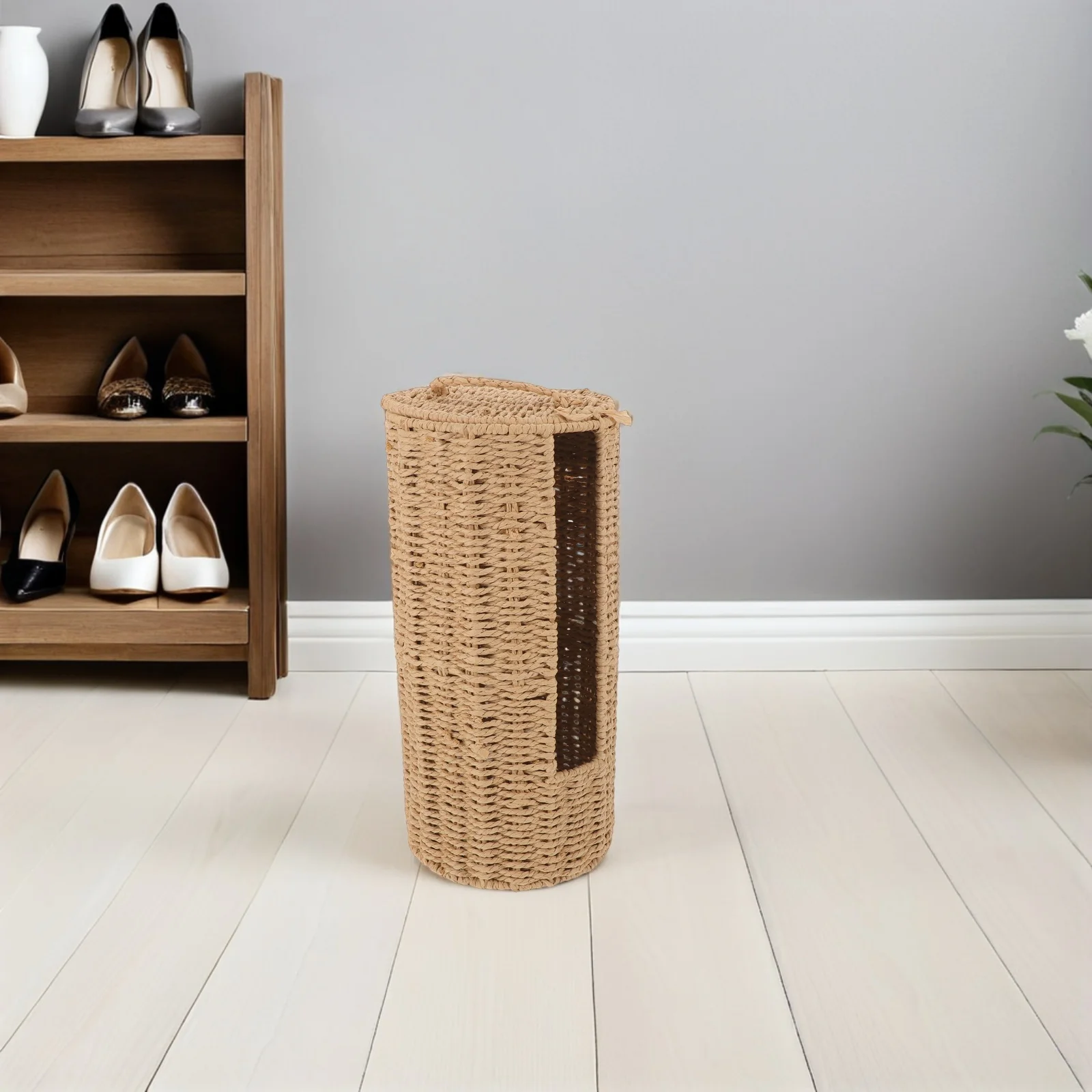 

Elegant Rattan Woven Toilet Paper Basket Lid Modern Rustic Covered Storage Hotel Towels Bathroom Laundry Accessories Countertop