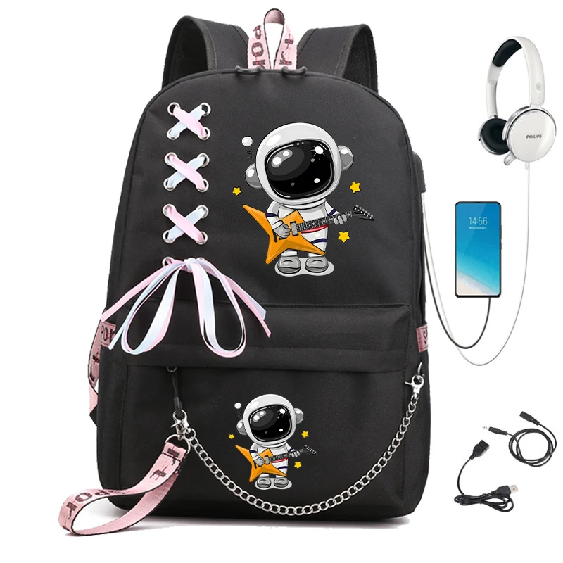 Nieuwe Rugzak Voor School Mode School Tassen Voor Meisjes Cartoon Astronaut Met Gitaar School Rugzak Usb Book Bag Reizen Rugzak