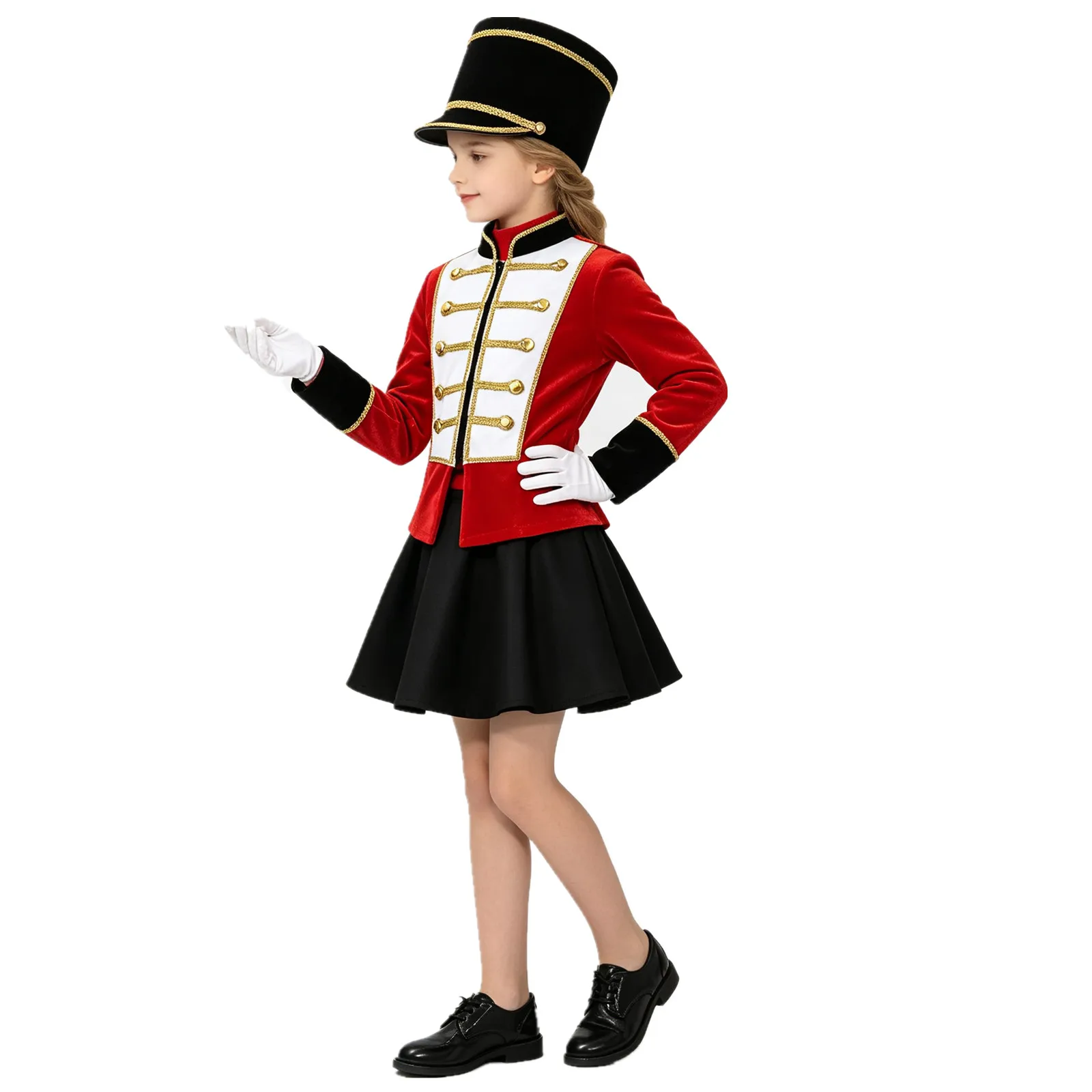 Kids Long Sleeve Zip-up Velvet Nutcrackers Jacket Halloween Carnival Marching Drum Band Honor Guard Circus Ringmaster Costume