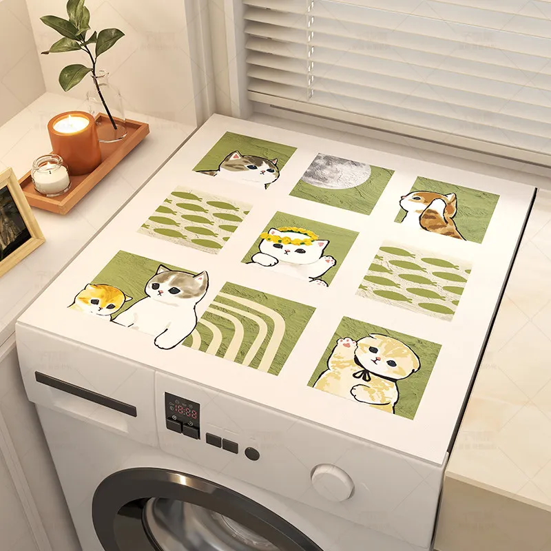 VIKAMA Patchwork Cartoon Cat Washing Machine Cover Mat Green Grid Frame Print Waterproof Anti Dust Dryer Cabinet Pad Dust Cover