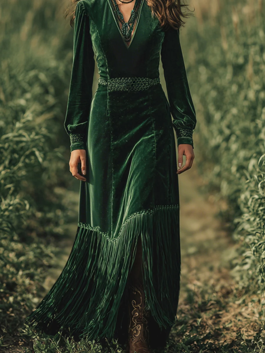 우아한 여성 벨벳 드레스 프린지 헴 섹시한 V넥 긴 소매 보헤미안 하이웨이스트 롱 슬리브 A라인 이브닝 파티 맥시 드레스 2026