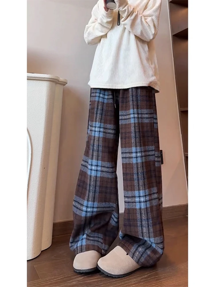 

Retro Blue Khaki Woolen Plaid Pants Men Women Winter Fce Lined Lazy Knitted Loose Casual Straight Leg Wide Leg Pants