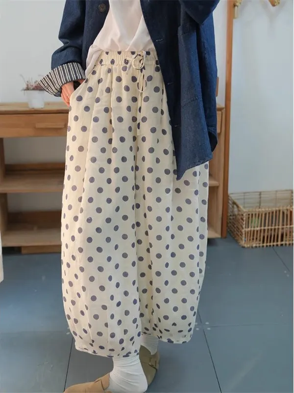 Pantaloni a palloncino larghi da donna Pantaloni estivi casual a gamba dritta a vita alta con elastico in vita Pantaloni con etichetta vintage a pois