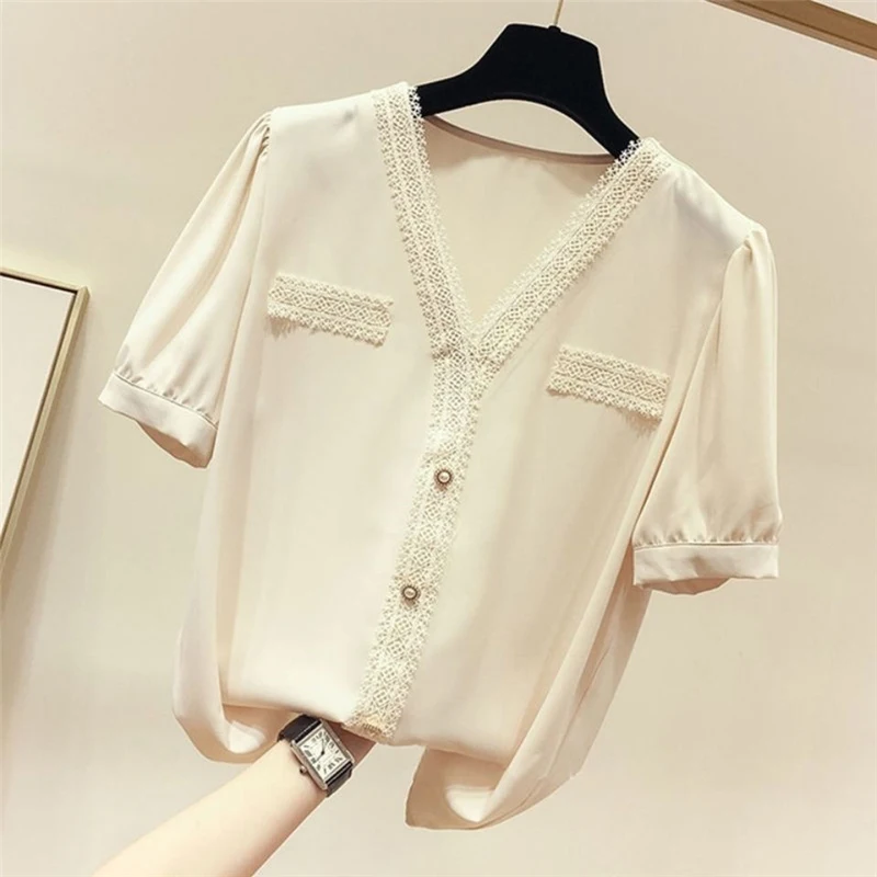 Women V Neck Lace Patchwork Elegant Blouse New Summer Korean Fashion Short Sleeve Loose with Beaded Button Shirt Solid Chic Tops