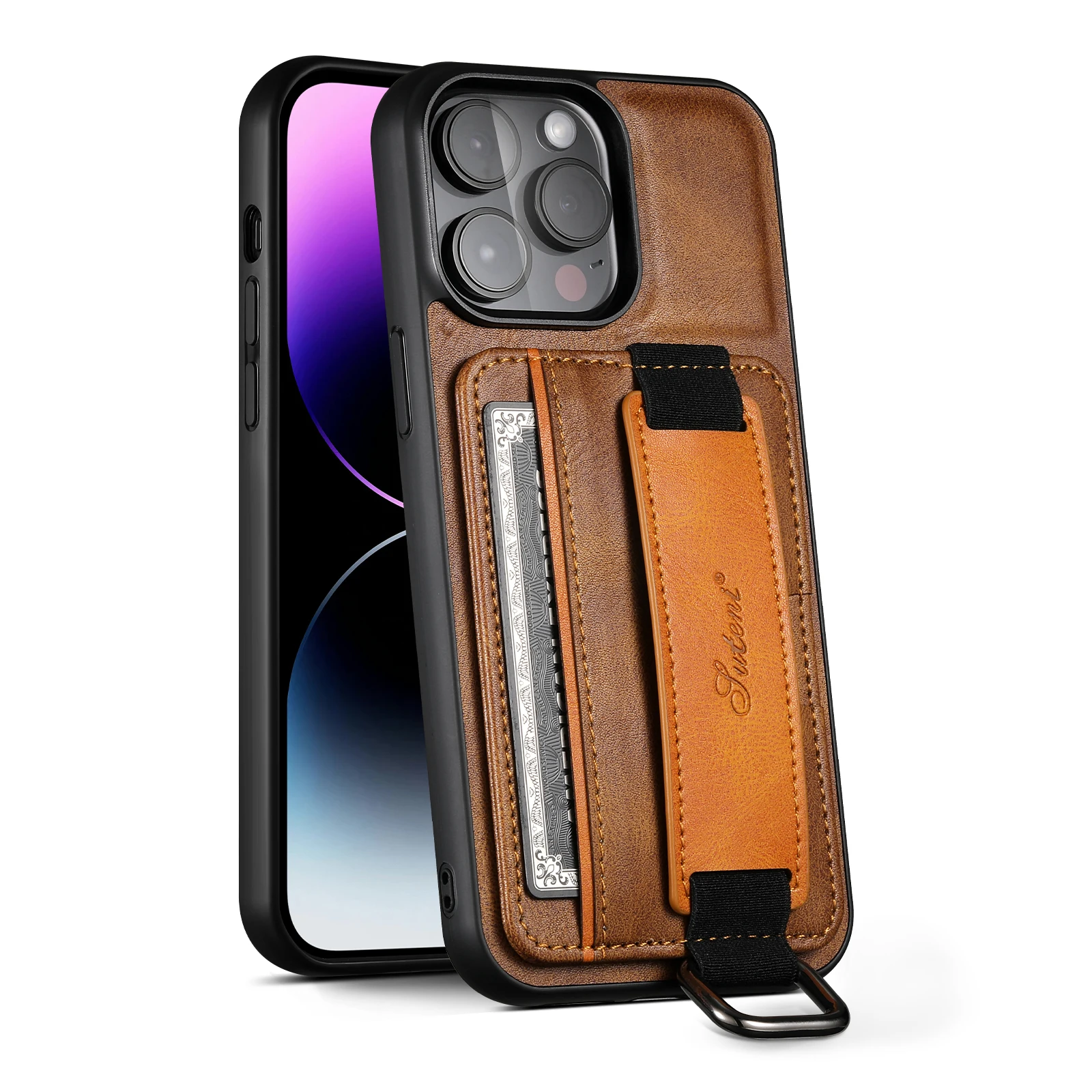 

SUTENI Oil Wax Leather Wristband Grip Case for iPhone 15 Pro Max XR XS Max 11 Pro 12 13 Mini 14 Plus Card Holder Bracket Cover