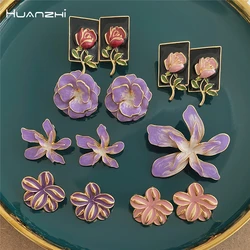 HUANZHI Retro Enamel Painting Exaggerate Purple Flowers Stud Earring for Women Vintage Elegant Charm Party Dripping Oil Jewelry