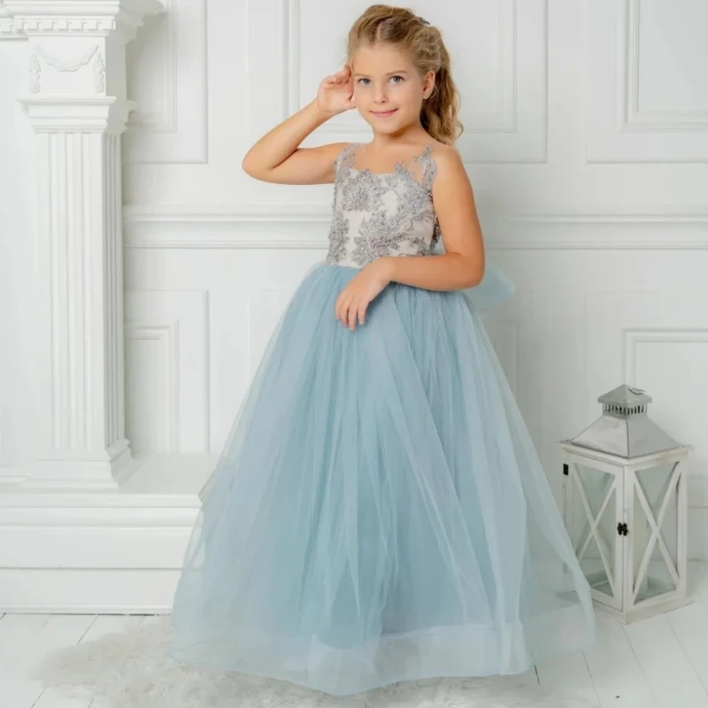 Gray And Blue Flower Girl Dresses Tulle Puffy Appliques Sleeveless For Wedding Birthday Party First Communion Gowns