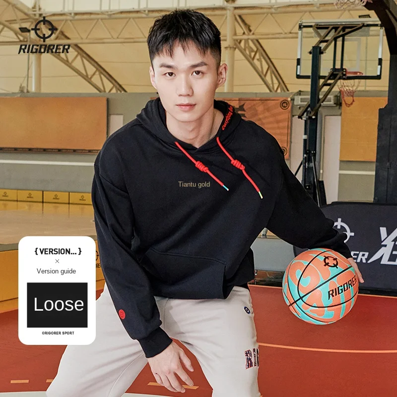 RIGORER Sweat Men Sports Basketball Fitness Warm Windproof Casual Loose Embroidered Hooded Pullover Sweat Sports Tops Pullover