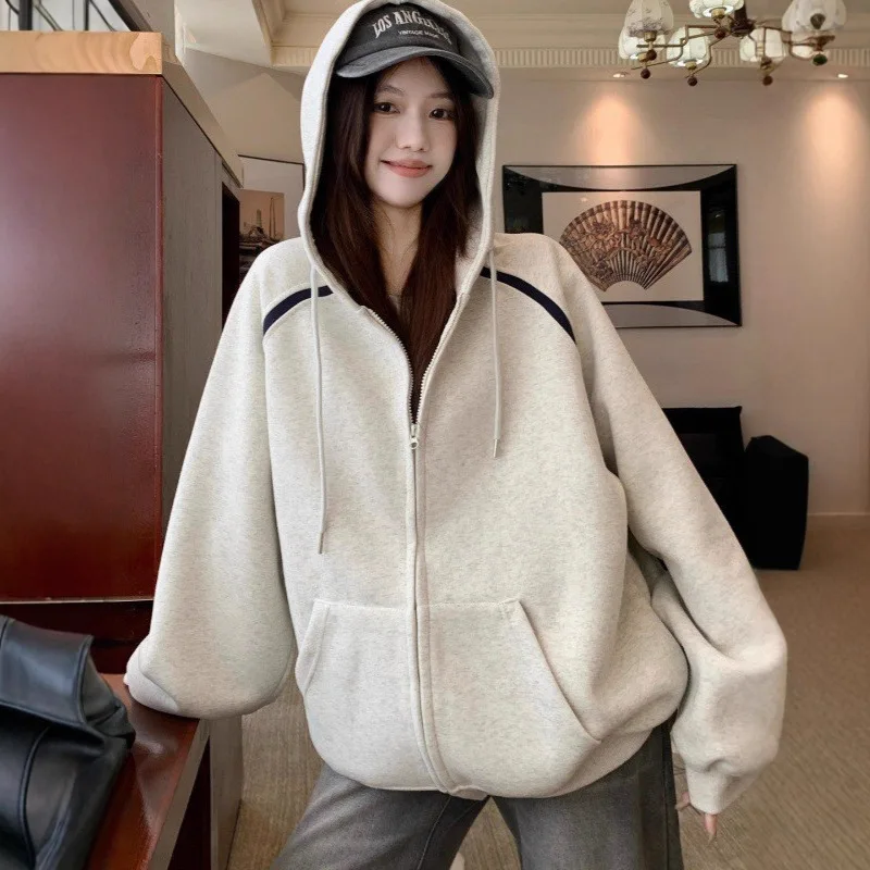 Retro Hooded Zipper Sweatshirt Jacket 2026 Autumn New Color Block Loose Long Sleeve Top For Women Trendy