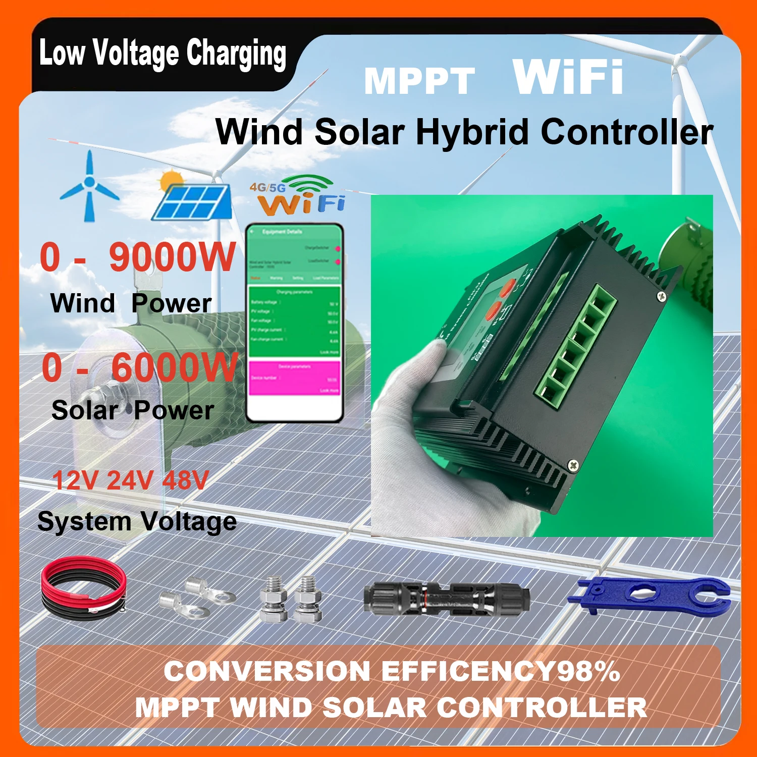 12V 24V 48V 4000W 15000W Wifi Wind Solar Hybrid Charge Controller, MPPT Charge for Solar Panel Wind Turbine, Lithium Lead Acid B