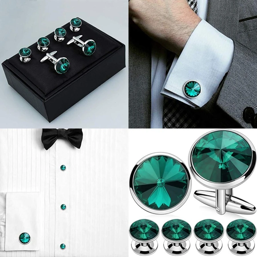 

Cufflinks for Men with 4/6 pcs Shirt Studs Set, Gift Box Packed, Mens Jewelry or Accessories for Wedding, Party, Anniversary, Birthday，Emerald(2 cufflinks & 4 studs)