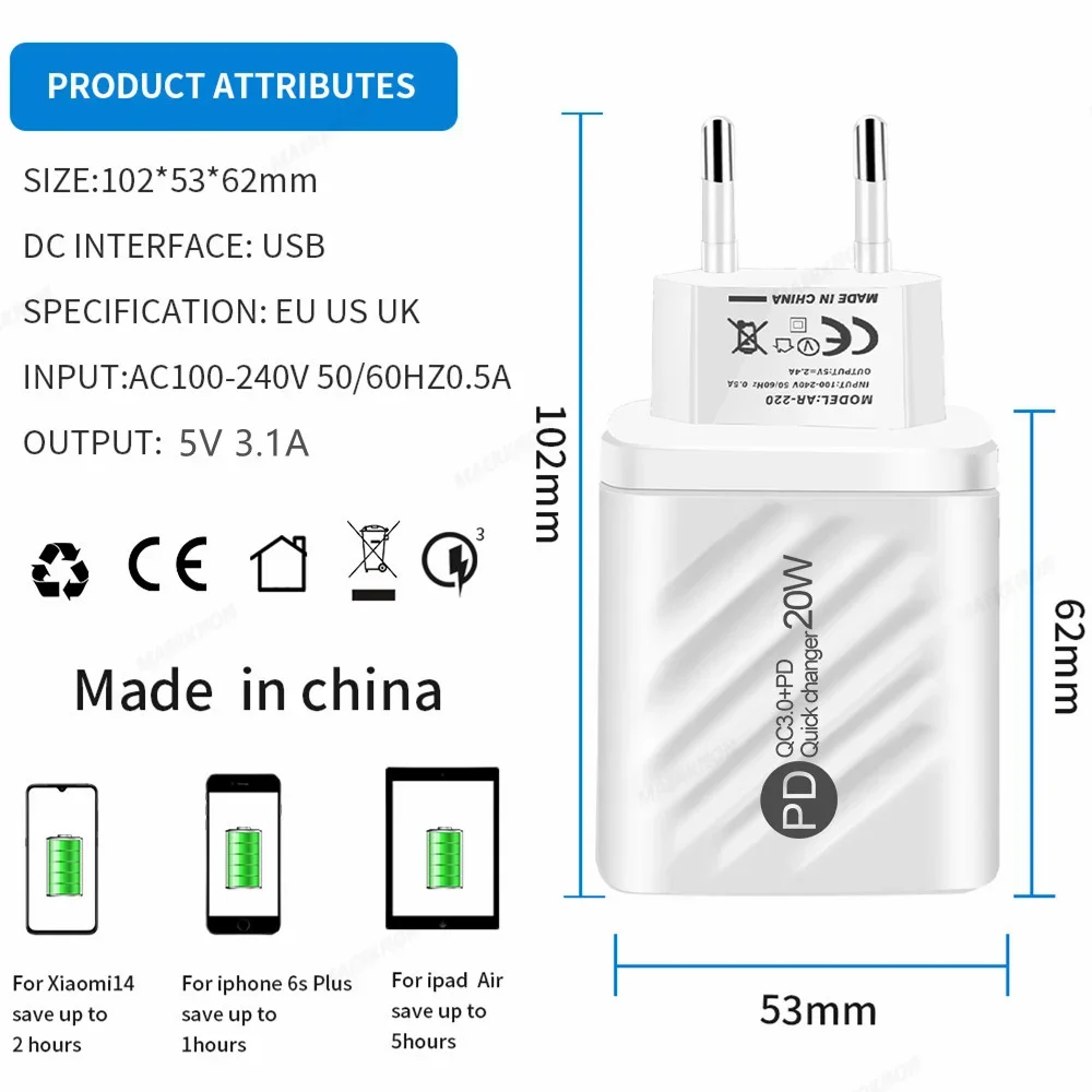 PD 20W USB C 충전기, 디지털 디스플레이, 빠른 고속 충전, 휴대폰 벽 어댑터, 아이폰 16, 15 프로, 샤오미, 삼성용