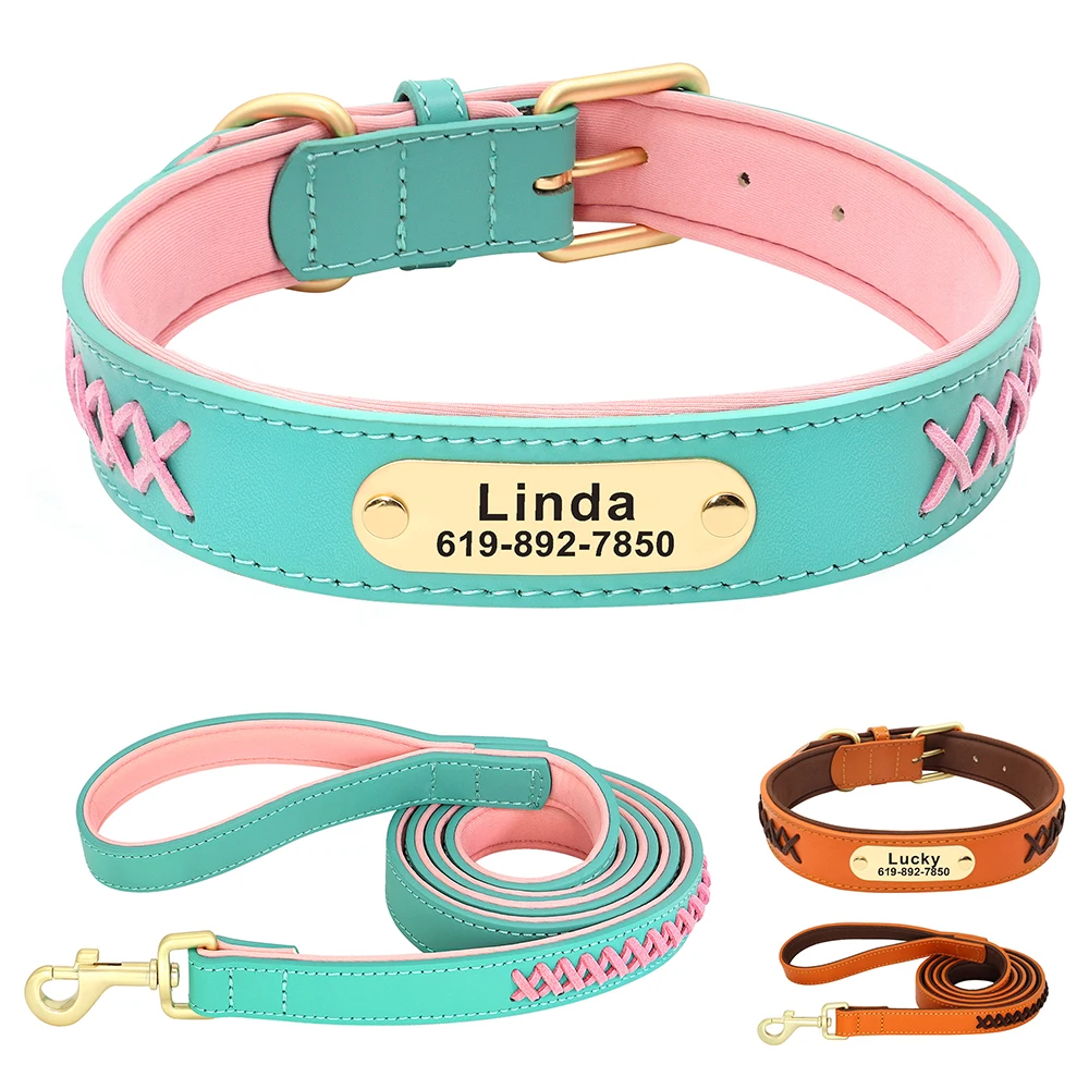 Personalized Puppy Dog Cat Collar Genuine Leather Pet Leash For Small Medium Large Dogs Custom Pet ID Name Accessories Collars