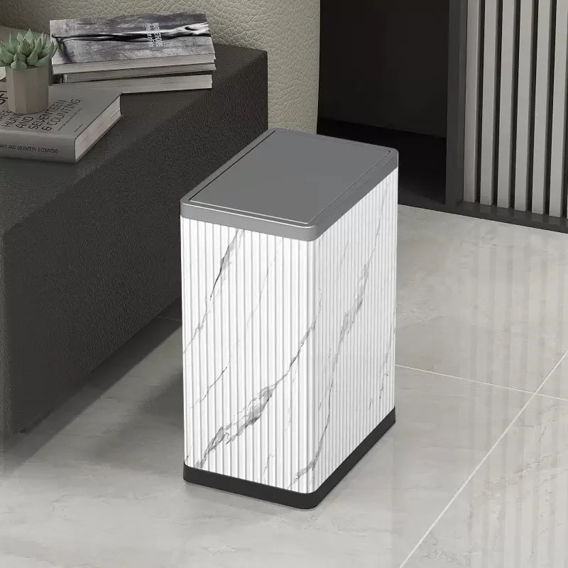 

10L/2.6Gal square stainless steel light luxury marble leather swing lid trash bin for bathroom,living room, toilet,office