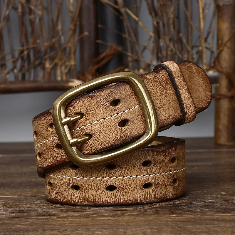 

New retro personality trend old double pin buckle belt men's genuine leather pure cowhide Korean version casual jeans belt