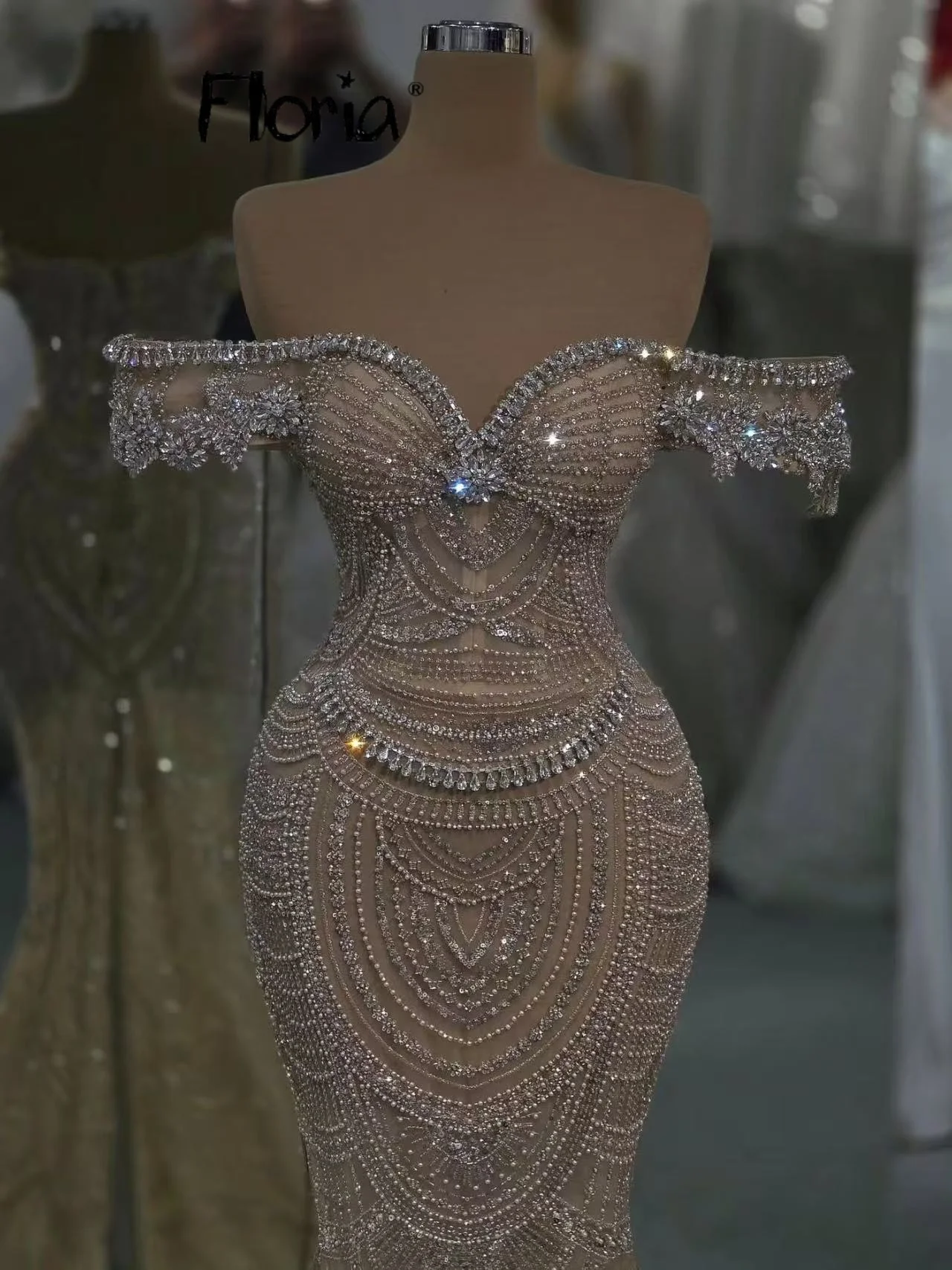 

Роскошное платье Floria цвета шампанского, расшитое бисером, блестящие платья для выпускного вечера с открытыми плечами, свадебные платья русалки, индивидуальное платье для дня рождения