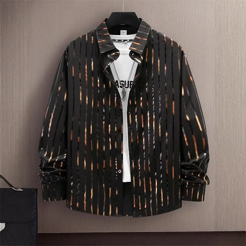 Men's Shirt Casual Shirt Gold Striped Shirt Wedding Holiday Light Blue Black White Red Long Sleeve Lapel Shirt 6XL High Quality