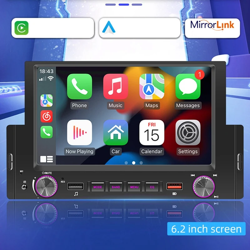 

1Din 6.2Inch Screen Carplay Car Radio Car Stereo Bluetooth MP5 Player 2USB FM Receiver Audio System Head Unit A