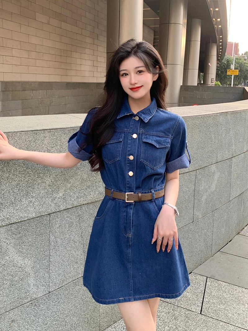 

plus Size Retro Short Sleeve Denim Dress Mid-Length Waist-Cinching Slimming Women's Summer Fashion High Waist A-Line Skirt