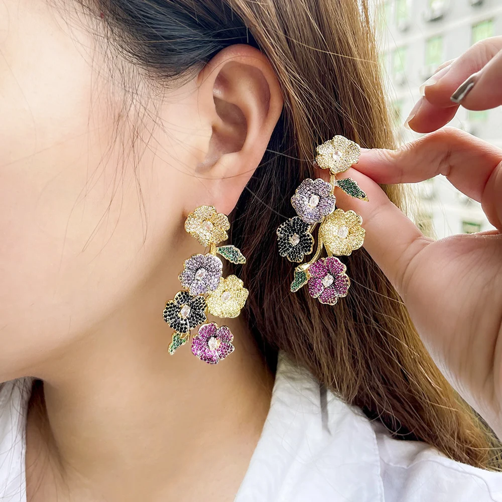 ThreeGraces Beautiful Cubic Zirconia Long Multicolor Flower Dangle Drop Earrings for Women Trendy Wedding Party Jewelry ER846