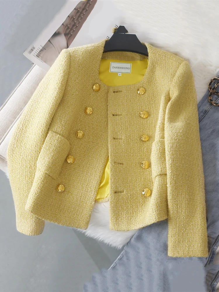 High Quality Autumn New Fashion Women Round Collar Elegant Yellow Tweed Jacket Double Breasted Vintage Female Coat Chaquetas