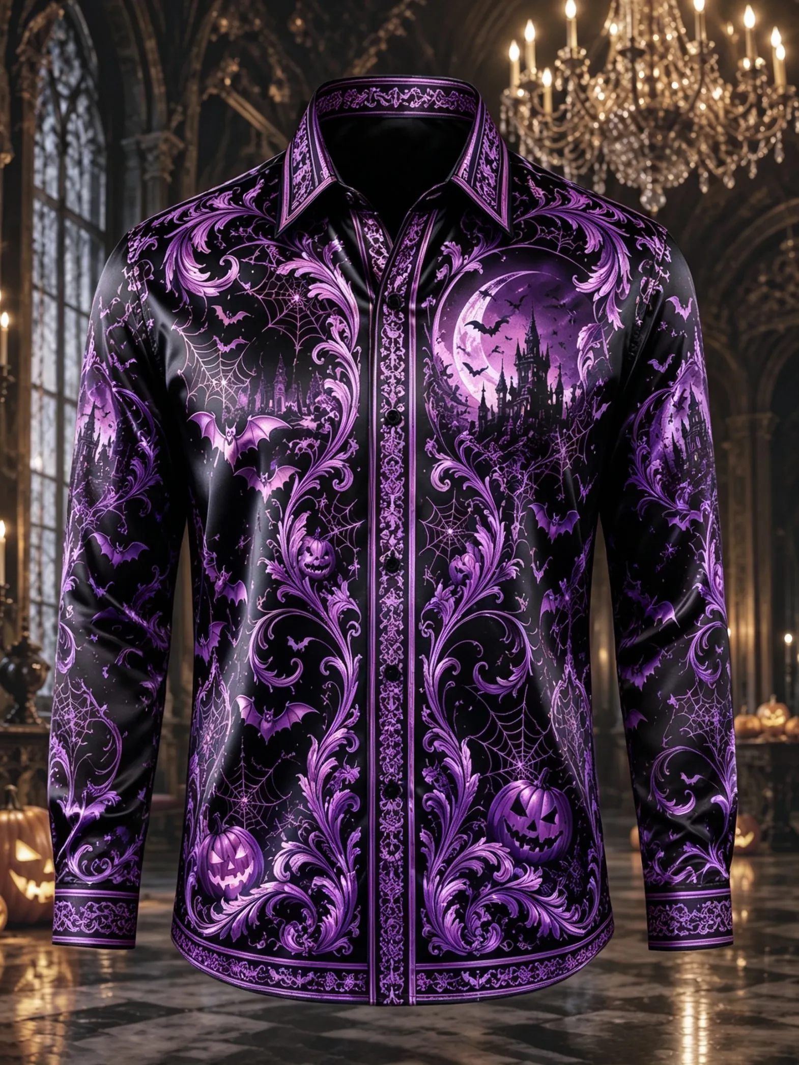 Men Satin Long Sleeve Shirt Halloween Baroque Castle Bat Pumpkin Print Shirt