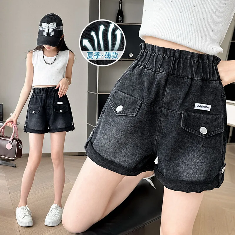 2024 Summer Girls Solid Denim Shorts Loose Straight-Leg Edged Bottom Youth Children's Clothing Korean Fashion All-Matching