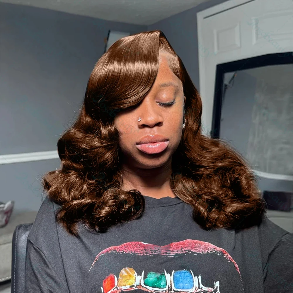 Chocolate Brown Short Bob Wigs Body Wave Human Hair 13x4 HD Lace Frontal Wigs 4# Colored 100% Human Hair Water Wave Preplucked