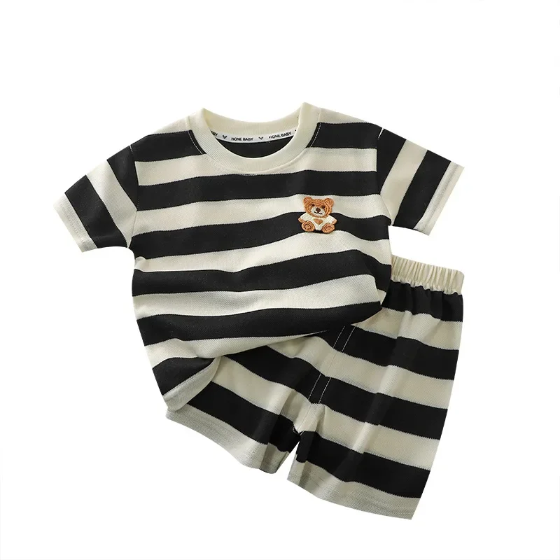 2025 Summer New in Kids Baby Boys Cute Clothing Set 2pcs Children Striped Cartoon Bear Top T-shirts+shorts Toddler Clothes 6M-6Y