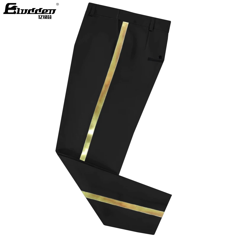 Pantalones de traje negros para hombre, pantalones formales informales con ribete de cuero dorado para oficina de negocios, pantalones formales rectos elásticos de talla grande