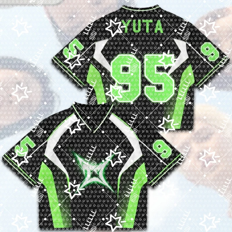 K-Pop Cropped Football Jersey Black Neon Green White Geometric Print Number V-Neck Short Sleeve Crop Top Concert Streetwear