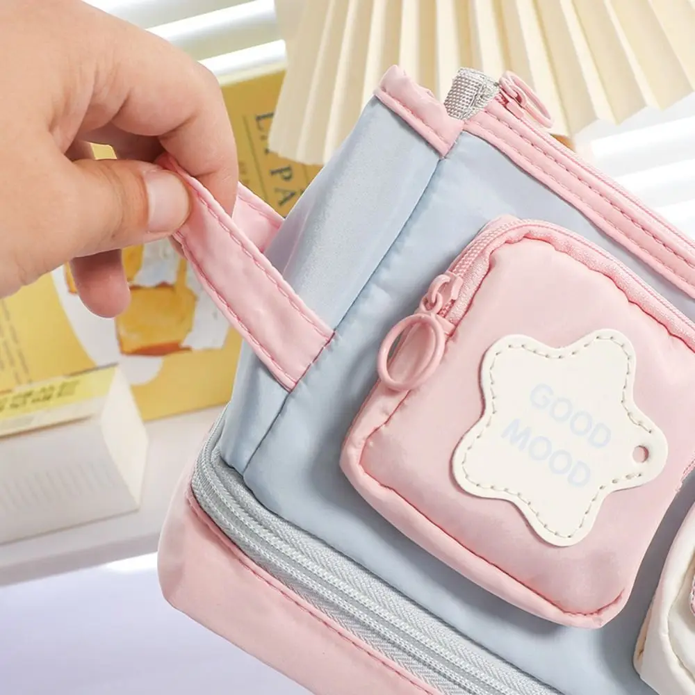 New Contrast Color Pen Bag Zipper Design Handheld Pencil Case Large Capacity Stationery Storing Bag Students