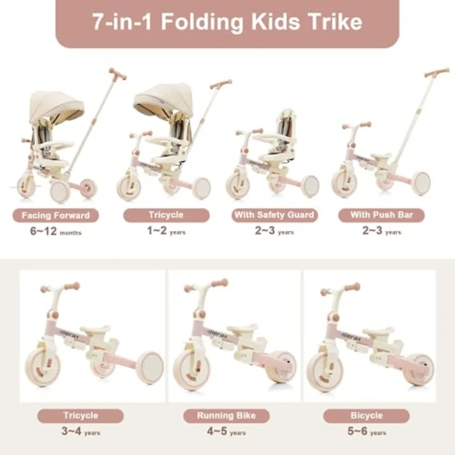 Triciclo para bebé 7 en 1, triciclo para niños pequeños, marco plegable, jinete ligero para niños con Pedal extraíble de 1 a 6 años