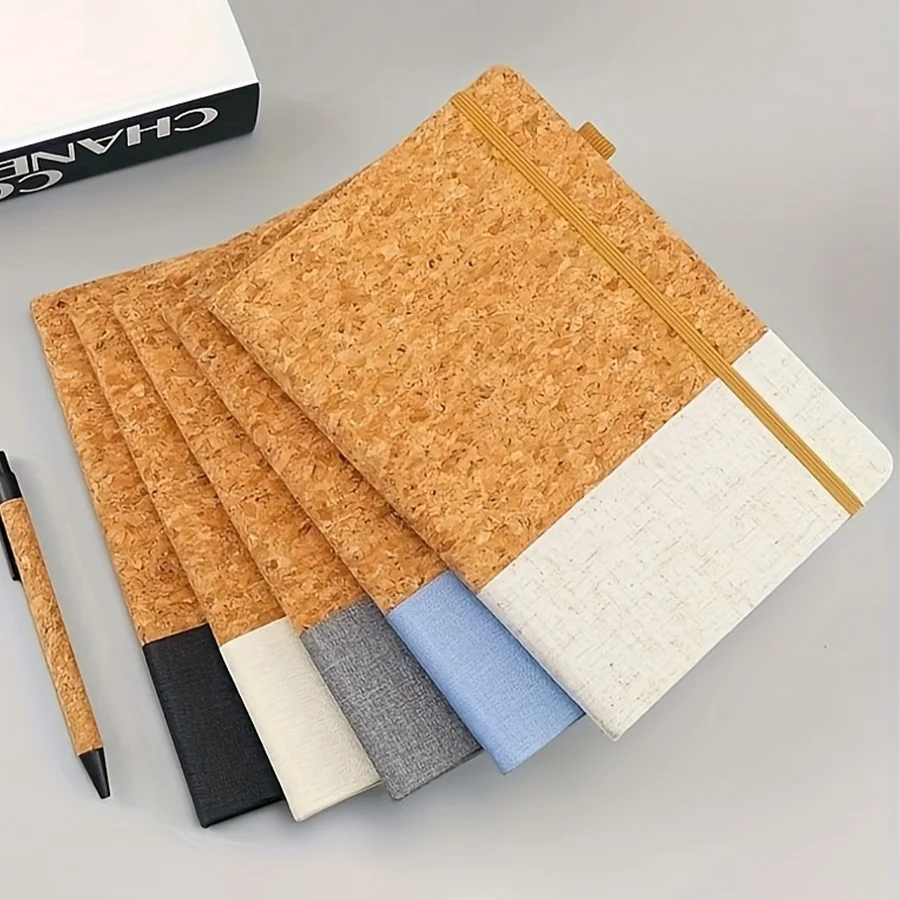 A5 Cork Grain PU Splicing Notebook Elastic Band Cloth Grain Notepad Business Office Notebook Set Notebooks