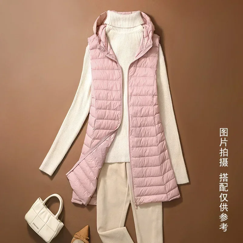 Women's Autumn/Winter X-long Hooded Sleeveless Jackets 2024 New White Duck Down Female Slim Fit Office Lady Warm Vest Coat