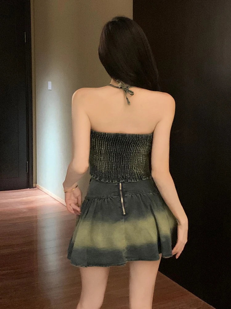 아메리칸 슬레 스파이시 걸 아디언트 컬러 네일레스 빈티지 데님 오트 베스트 하이웨이스트 슬림 A라인 스커트 투피스 세트