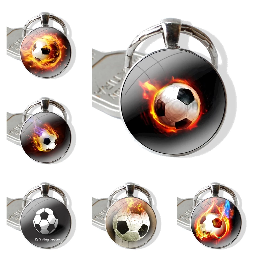 Fire Football Soccer Ball Glass Metal Pendant Key Chain Classic Men Women Key Ring Accessories Jewelry Gifts