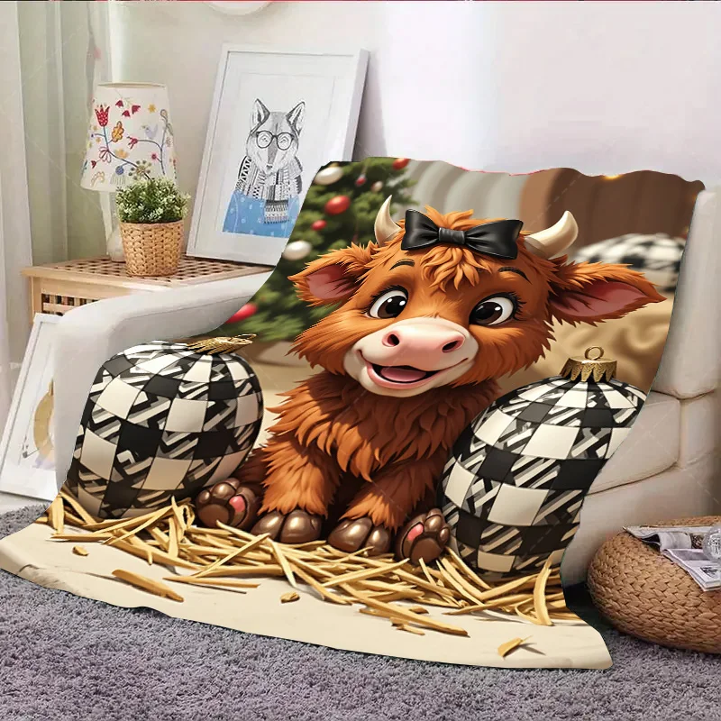 1 قطعة بطانية الفانيلا لطيف المرتفعات البقرة مع القوس مشهد عيد الميلاد بطانية الصوف الناعمة