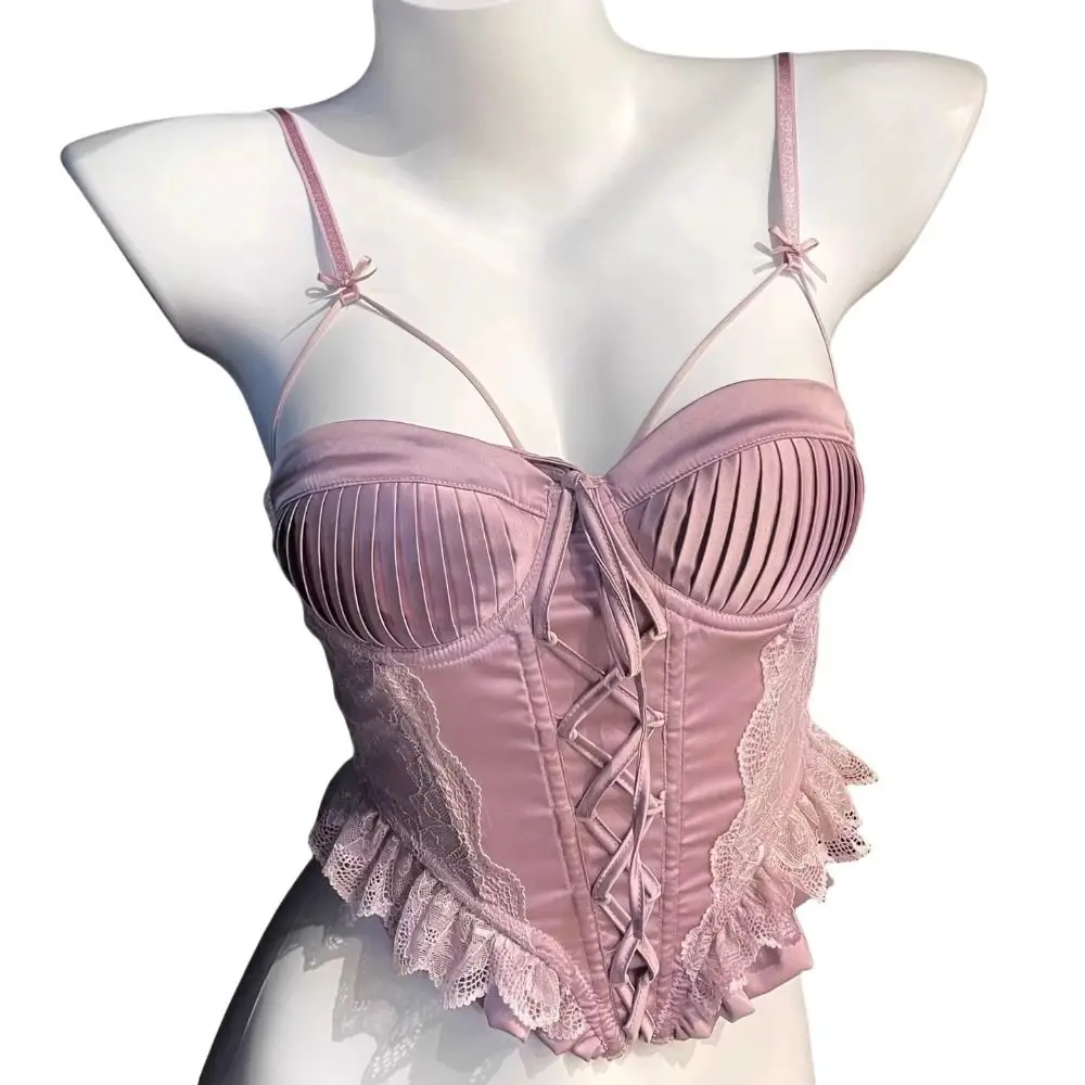 Solid Color French Style Lace Up Vest Top Close-fitting Spaghetti Strap Satin Corset Top Wrinkle Canisole Fishbone Vest Bar